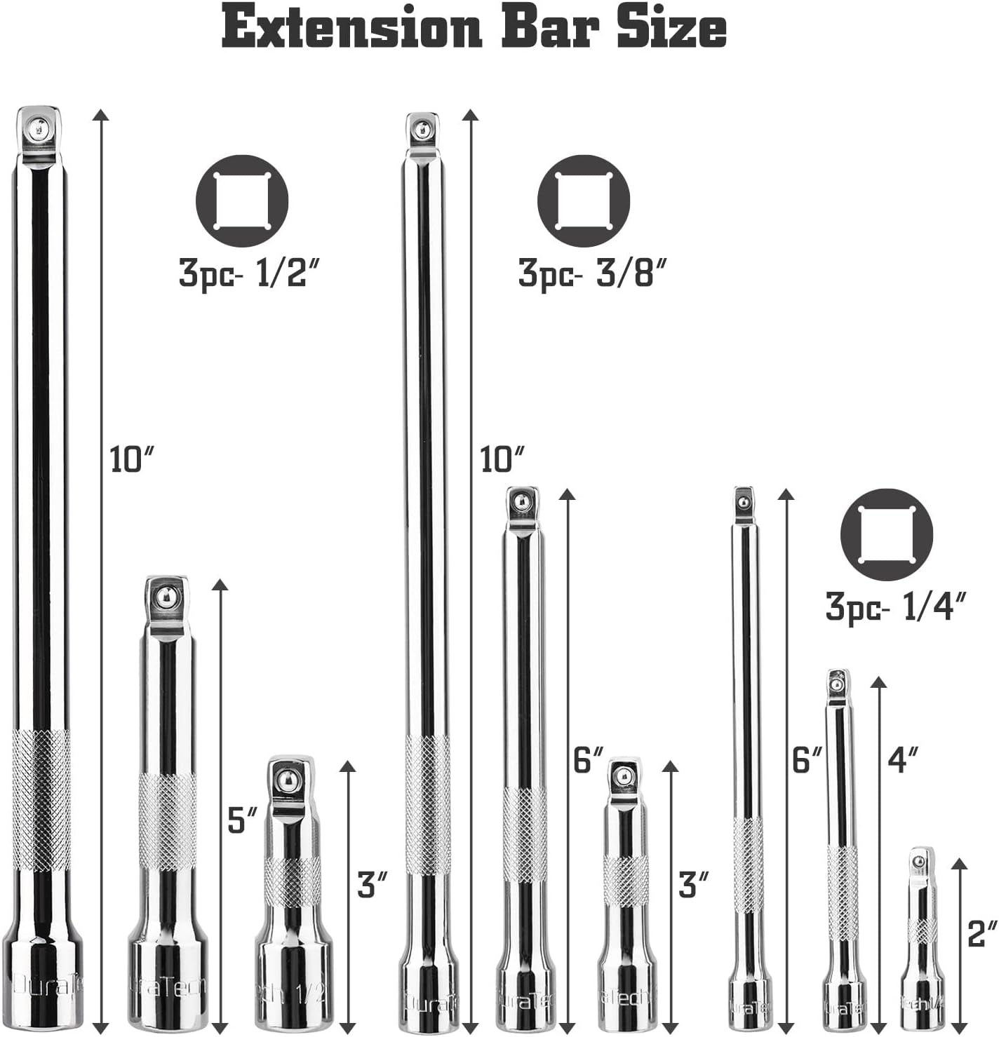 Wobble Socket Extension Bar Set, 1/4", 3/8", 1/2" Drive Socket Extension Set, Cr-V Steel, Chrome Plated, Storage Tray Included, 9 PCS