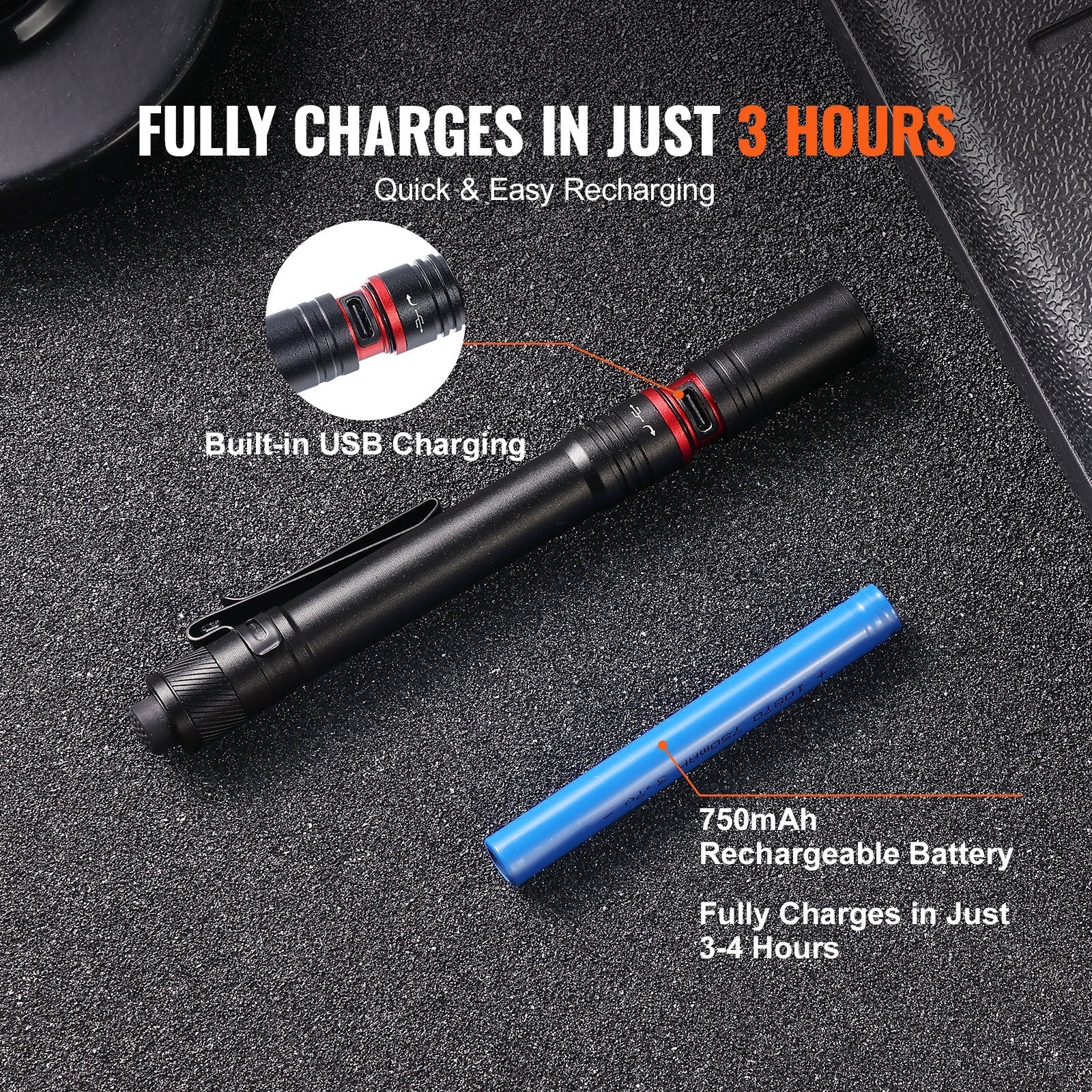 VEVOR 5.9 Inch Rechargeable Penlight 300 Lumens 3 Lighting Modes Pocket Penlight