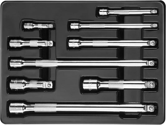 Wobble Socket Extension Bar Set, 1/4", 3/8", 1/2" Drive Socket Extension Set, Cr-V Steel, Chrome Plated, Storage Tray Included, 9 PCS
