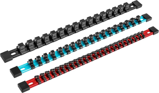 Socket Organizer Set, 3-Piece Aluminum Alloy Socket Holder, Heavy Duty Socket Rail, 1/4" X 24 Clips, 3/8" X 18 Clips, 1/2" X 16 Clips